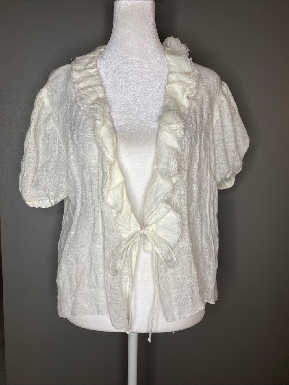 ZARA White Ruffled Tie-Front Linen Top - Size S